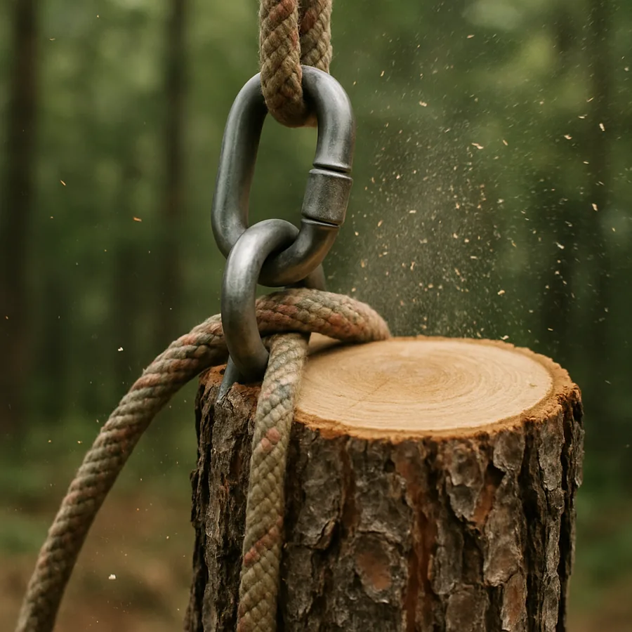 Rigging rope cinched around a pine trunk section during a controlled tree removal
