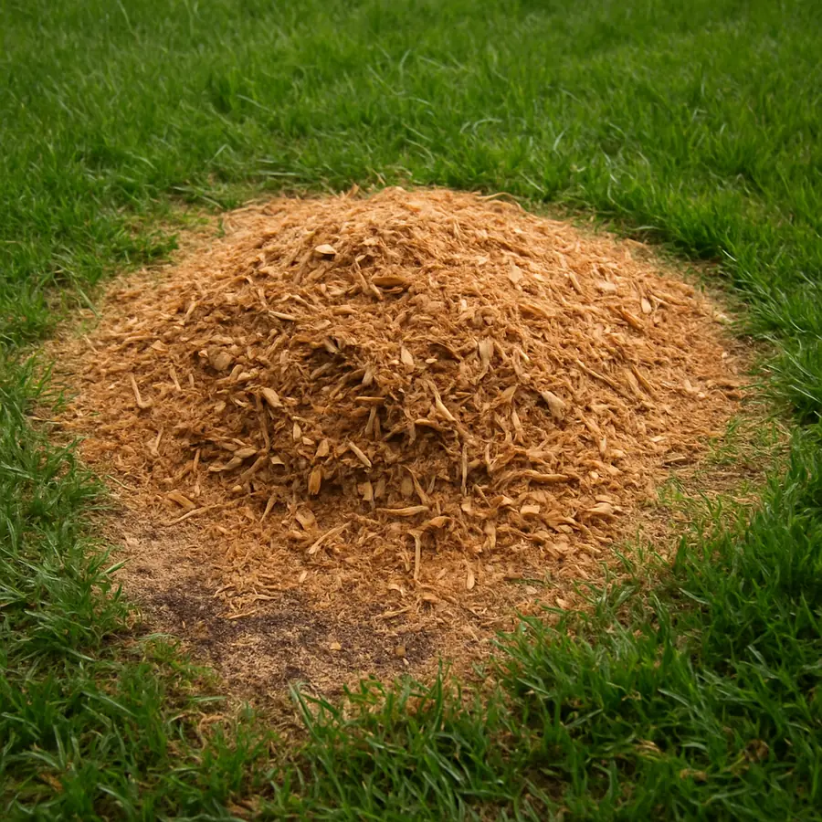 Fresh wood chips where a pine stump was ground below grade in a lawn
